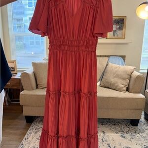 DownEast Red Tiered V-Neck Maxi Dress
